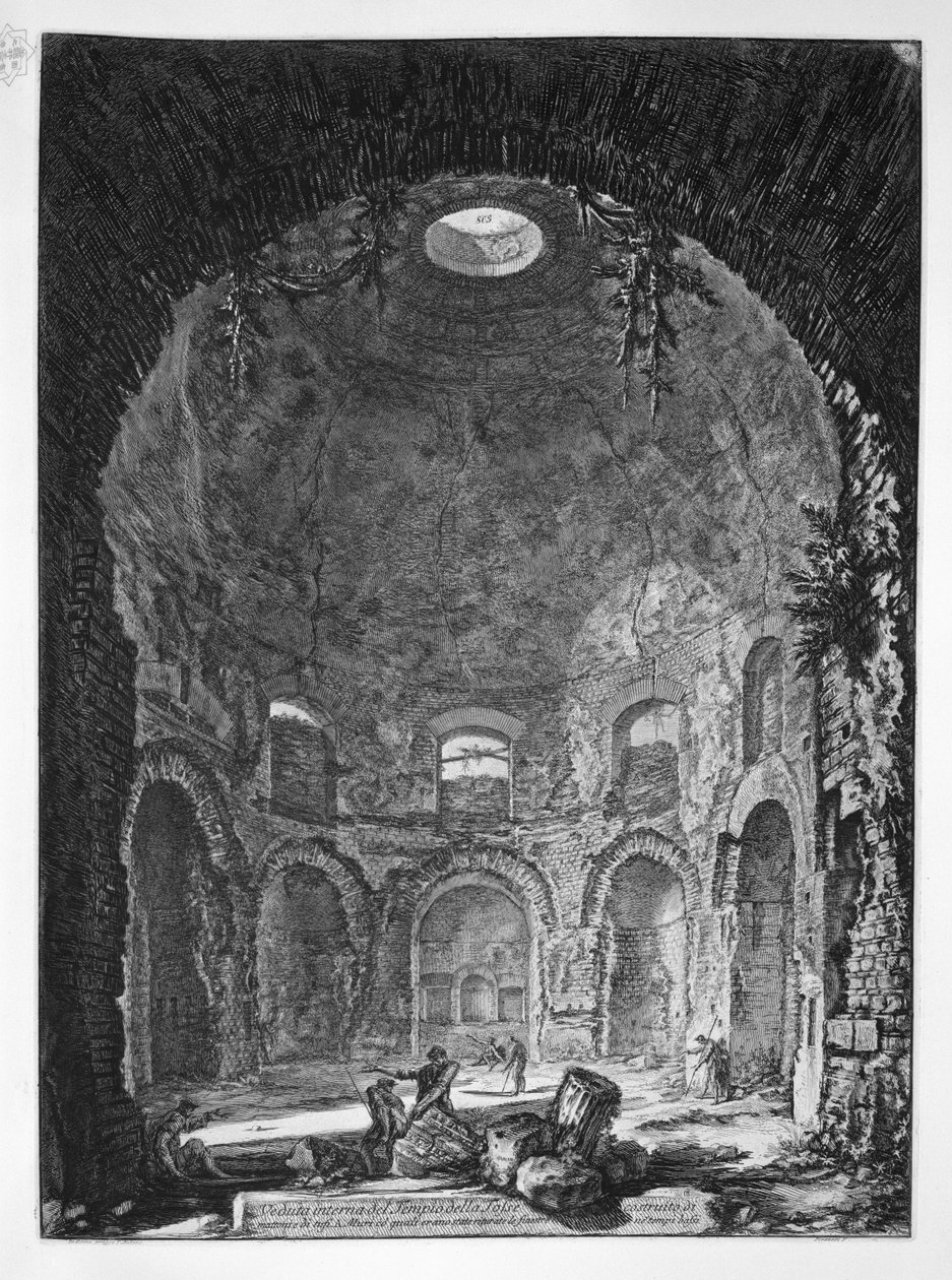 Pohled do interiéru Chrámu kašle postaveného z cihel a tufů od Giovanni Battista Piranesi