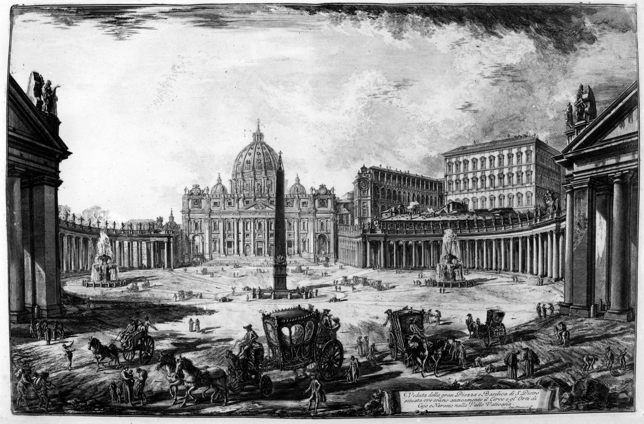 Pohled na baziliku svatého Petra a náměstí Piazza ze série Pohledy na Řím, kolem roku 1760 od Giovanni Battista Piranesi