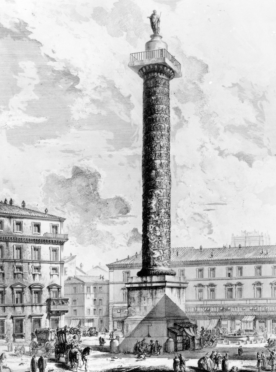 Pohled na sloup Marka Aurelia na náměstí Piazza Colonna, ze série Pohledy na Řím, kolem roku 1760 od Giovanni Battista Piranesi