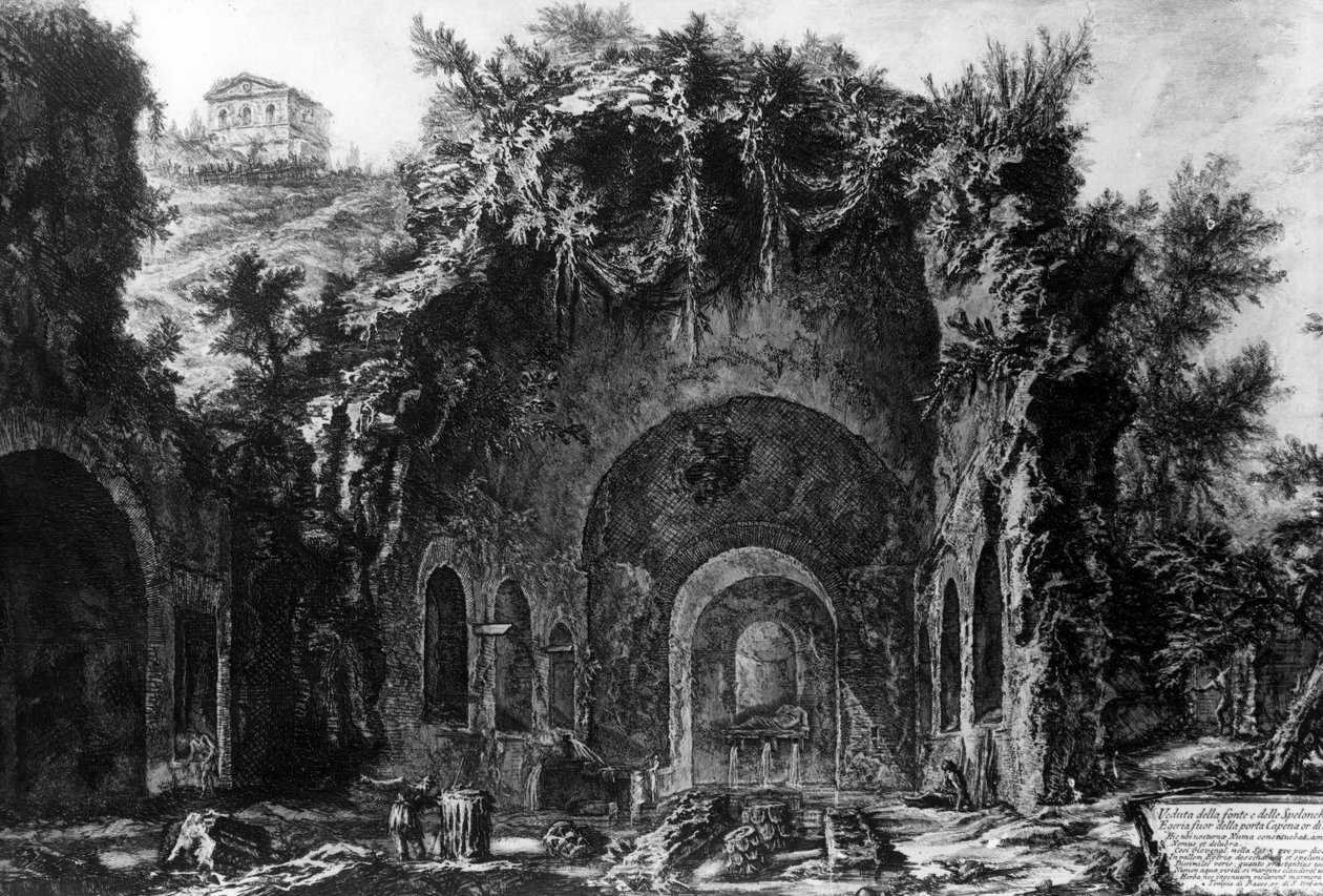 Pohled na jeskyni Egeria mimo Porta Capena, ze série „Pohledy na Řím“, kolem roku 1760 od Giovanni Battista Piranesi