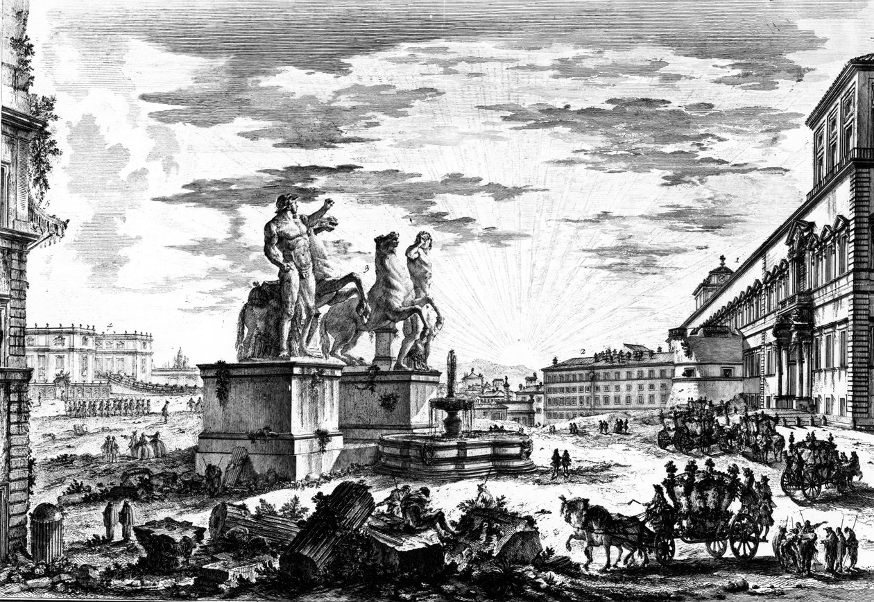 Pohled na Piazza di Monte Cavallo nebo Piazza del Quirinale, ze série „Pohledy na Řím“, kolem roku 1760 od Giovanni Battista Piranesi