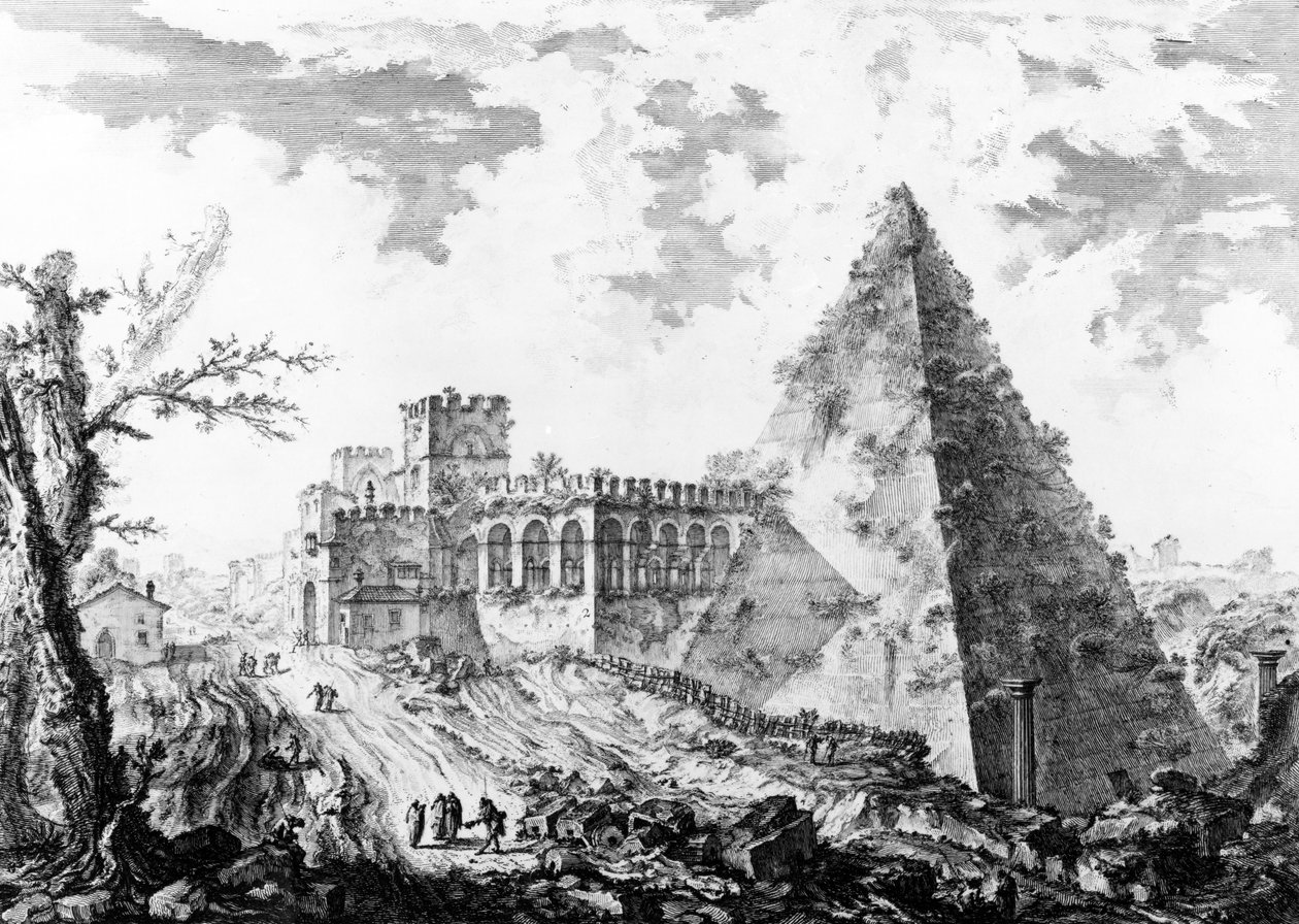 Pohled na pyramidu Caiuse Cestiuse, ze série „Pohledy na Řím“, kolem roku 1760 od Giovanni Battista Piranesi