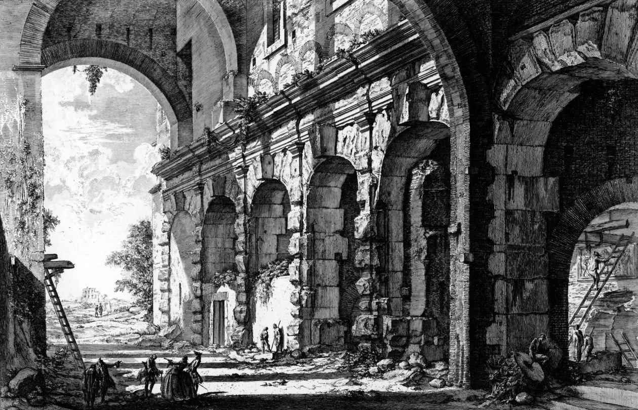 Pohled na zbytky Claudiova chrámu poblíž kostela Santi Giovanni e Paolo, ze série „Pohledy na Řím“, kolem roku 1760 od Giovanni Battista Piranesi