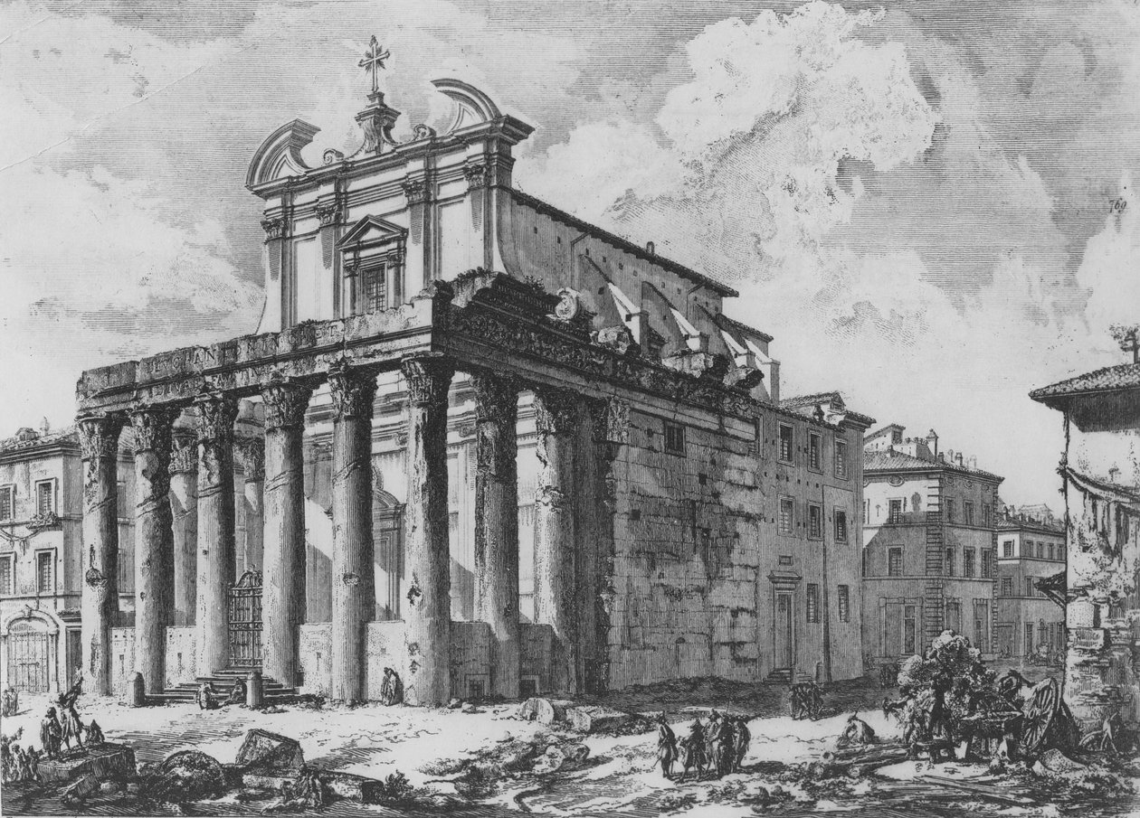 Pohled na chrám Antonina a Faustiny, ze série „Pohledy na Řím“, kolem roku 1760 od Giovanni Battista Piranesi