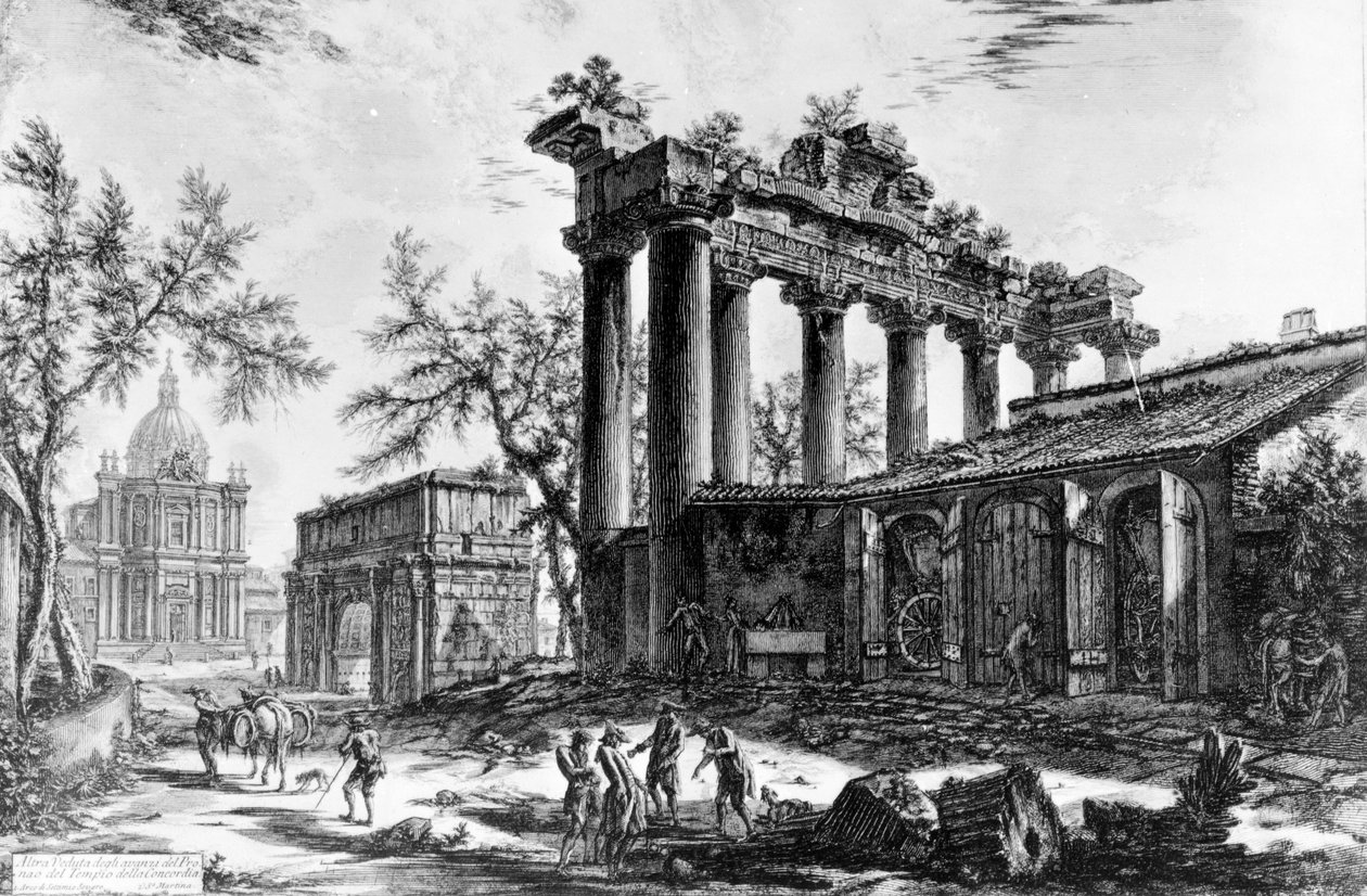 Pohled na Chrám svornosti s obloukem Septimia Severa a kostelem Santa Martina, ze série „Pohledy na Řím“, kolem roku 1760 od Giovanni Battista Piranesi
