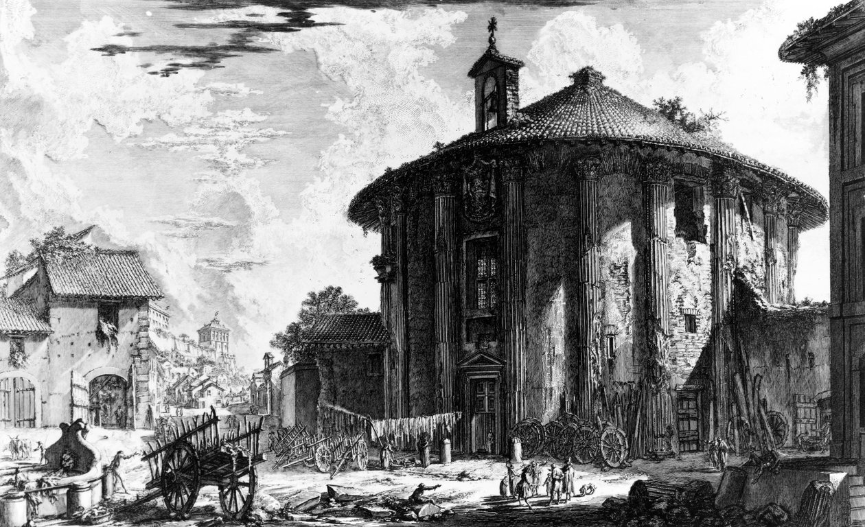 Pohled na chrám Kybele na náměstí Piazza della Bocca della Verita, ze série „Pohledy na Řím“, 1758 od Giovanni Battista Piranesi