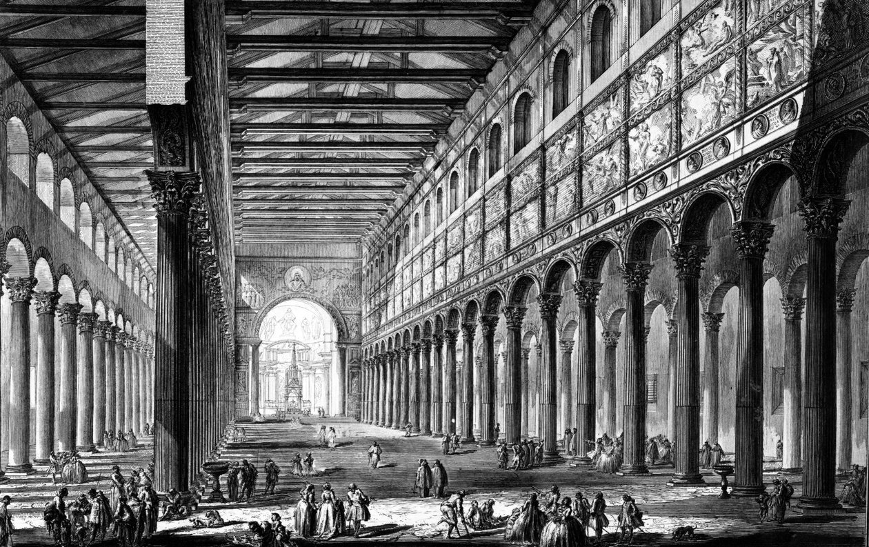 Pohled na interiér baziliky San Paolo fuori le Mura, ze série „Pohledy na Řím“, kolem roku 1760 od Giovanni Battista Piranesi