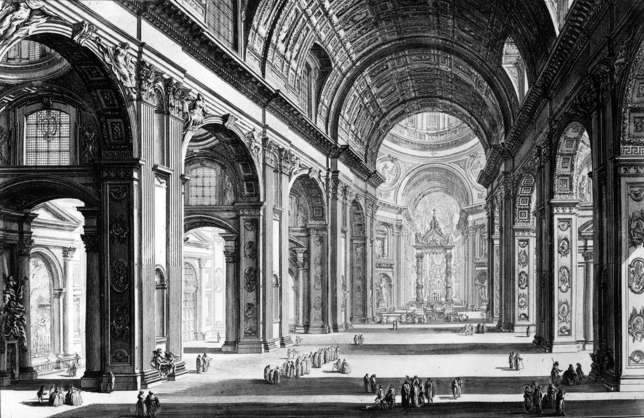 Pohled na interiér baziliky svatého Petra, ze série „Pohledy na Řím“, kolem roku 1760 od Giovanni Battista Piranesi