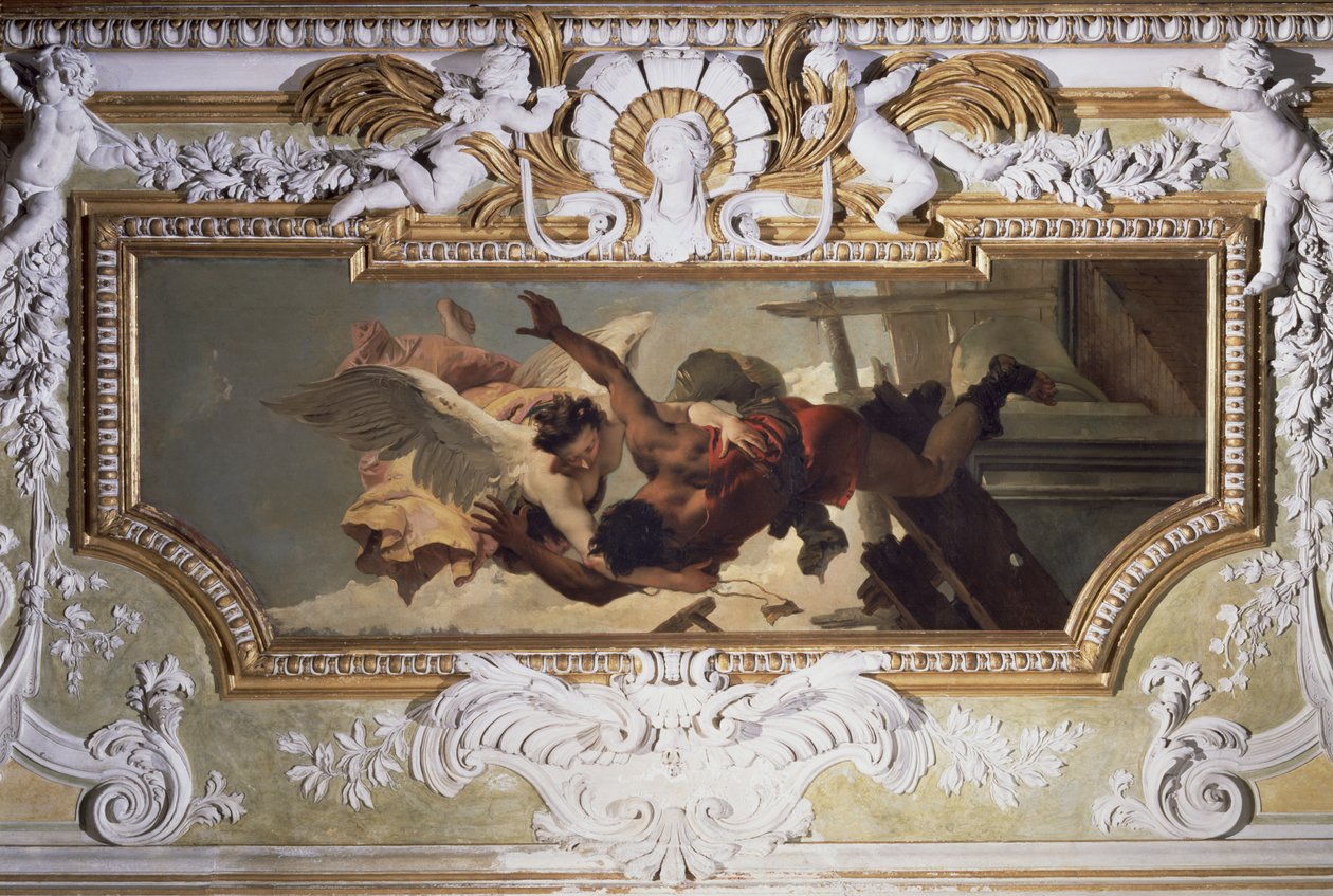 Anděl zachraňující padajícího řemeslníka z hroutícího se lešení, ze „Sala Capitolare“ (síň kapitulace) kolem roku 1749 od Giovanni Battista Tiepolo