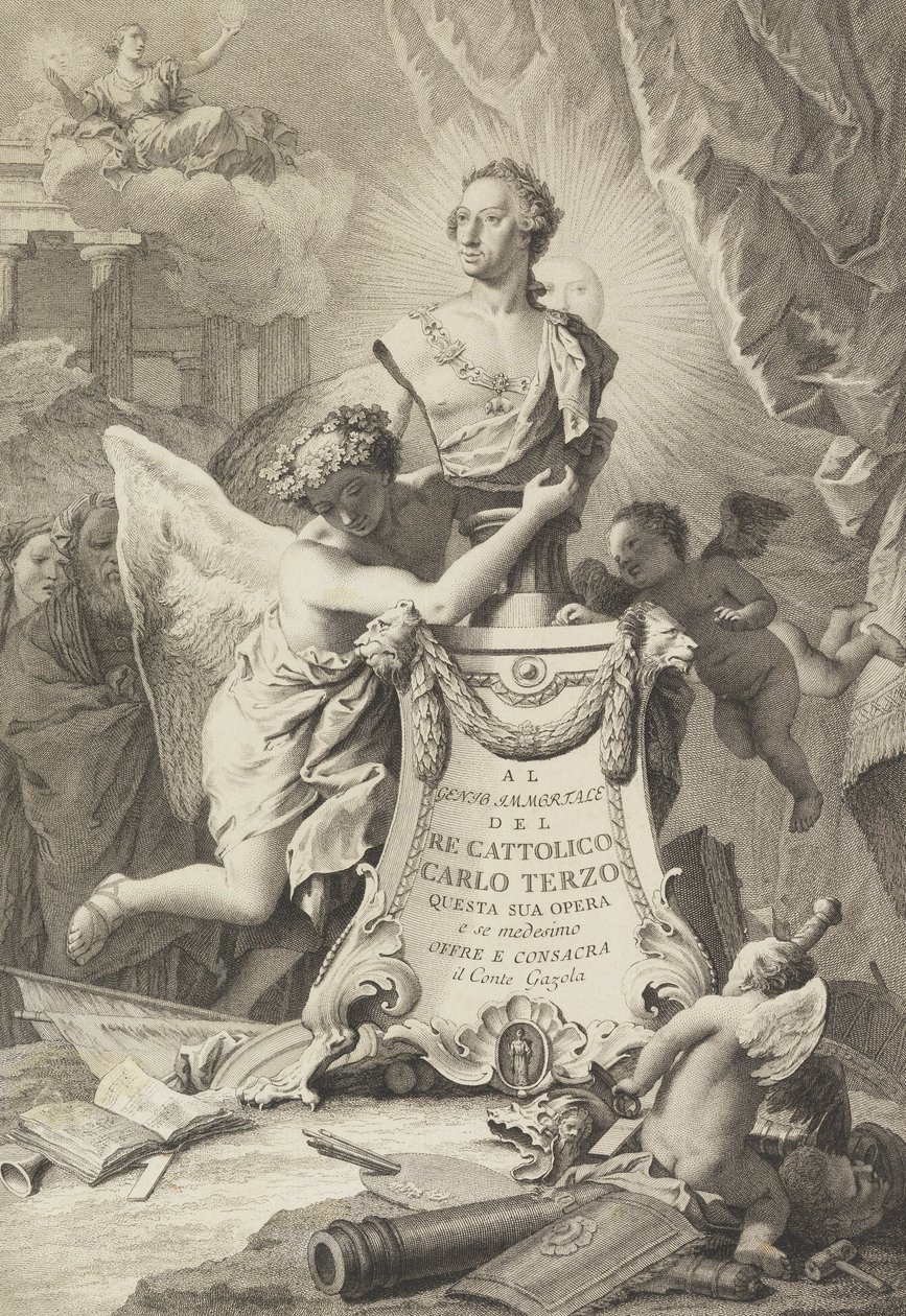 Věnovací stránka Karlu III Španělska a obojí Sicílie, frontispis pro Paolantonio Paoli, Ro ... od Giovanni Battista Tiepolo