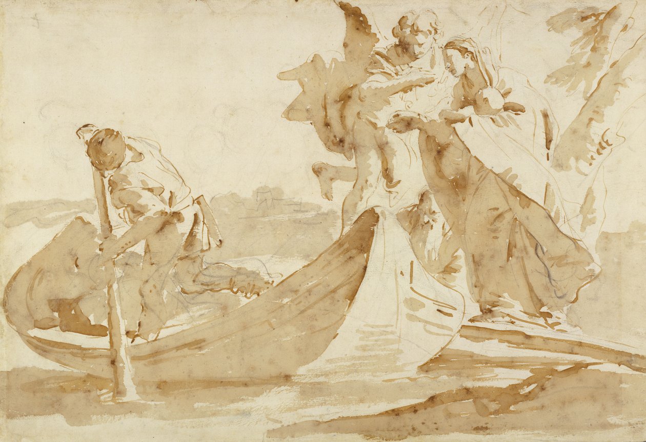 Útěk do Egypta, 1725-35 (pero a hnědý inkoust s hnědým přelivem na černé křídě) od Giovanni Battista Tiepolo
