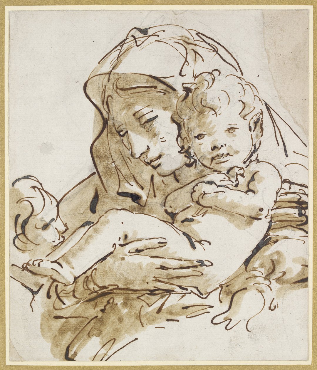 Panna a dítě s nemluvnětem svatého Jana (pero a hnědý inkoust s hnědým oplachem přes černou křídu na bílém papíře) od Giovanni Battista Tiepolo