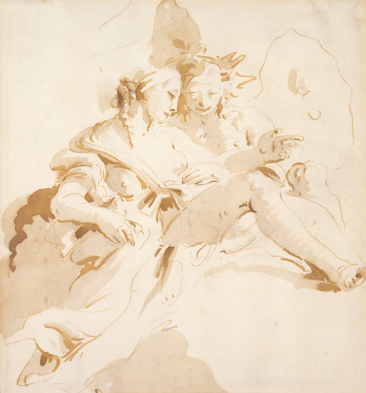 Zephyr a Flora (pero a hnědý inkoust, s hnědým praním, přes černou křídu, na papíře) od Giovanni Battista Tiepolo