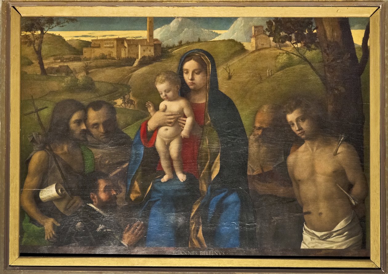 Madona s dítětem se čtyřmi svatými (Jan Křtitel, František, Jeroným a Sebastian (zleva doprava)) a donátor od Giovanni Bellini