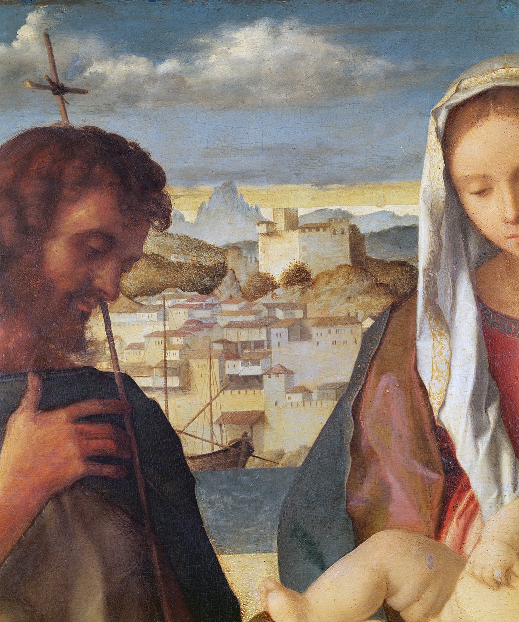 Madona s dítětem se sv. Janem Křtitelem a světcem, detail pozadí města na pobřeží, kolem 1504 (detail 61025) od Giovanni Bellini