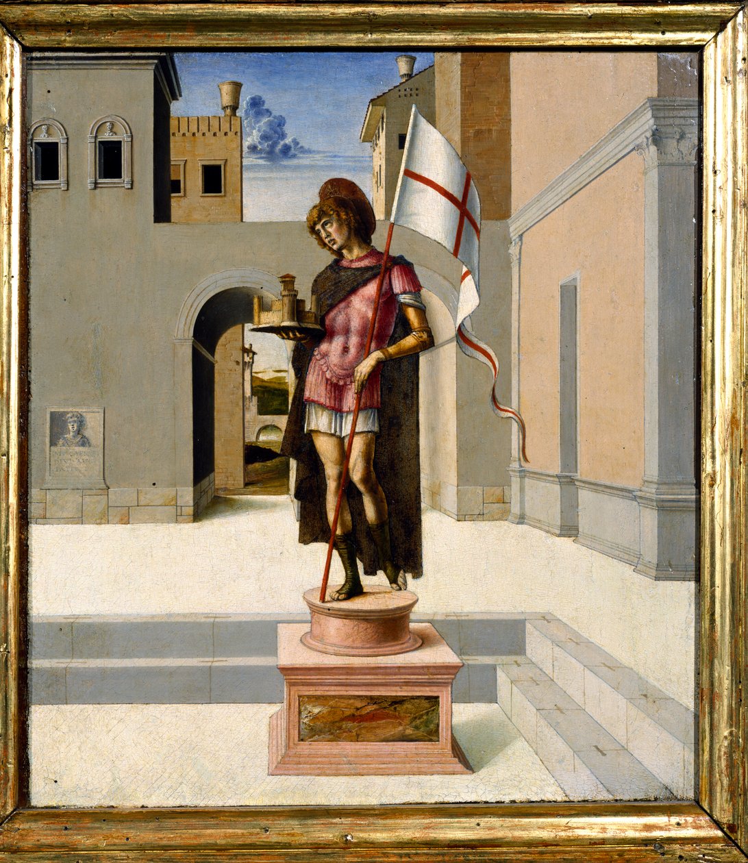 Svatý Jiří zobrazený jako polychromovaná socha na náměstí, predella (panel) (viz též 85578) od Giovanni Bellini