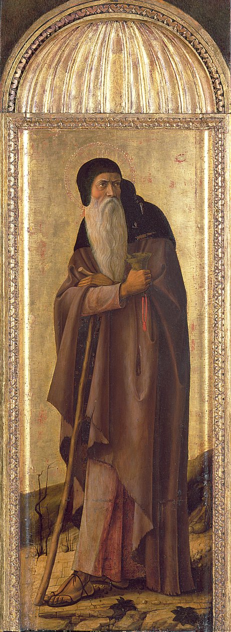 Sv. Šebastián mezi sv. Janem Křtitelem a sv. Antonínem Opatem, v lunetě Věčnost a Zvěstování tempera a plátkové zlato na desce, detail 165428: Sv. Antonín od Giovanni Bellini