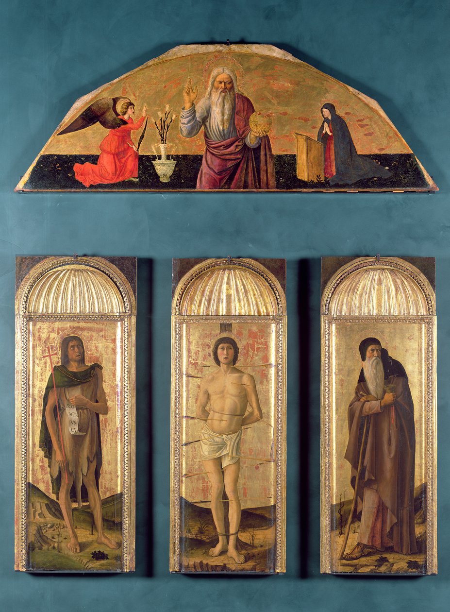 Sv. Šebastián mezi sv. Janem Křtitelem a sv. Antonínem Opatem, v lunetě Věčnost a Zvěstování (tempera a plátkové zlato na panelu) od Giovanni Bellini