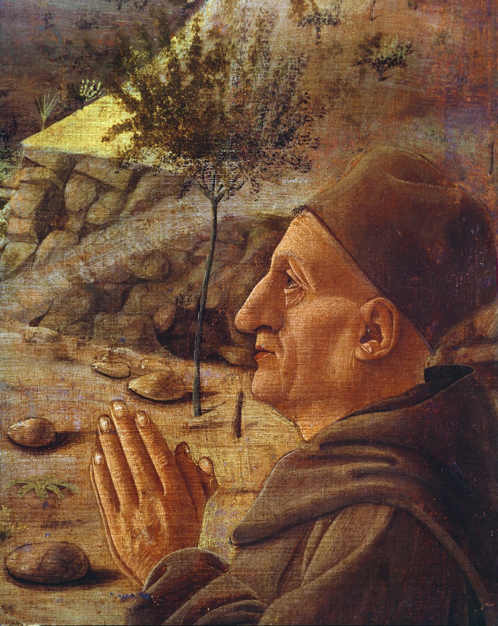 Detail ukřižování hlavy patrona olej na panelu od Giovanni Bellini