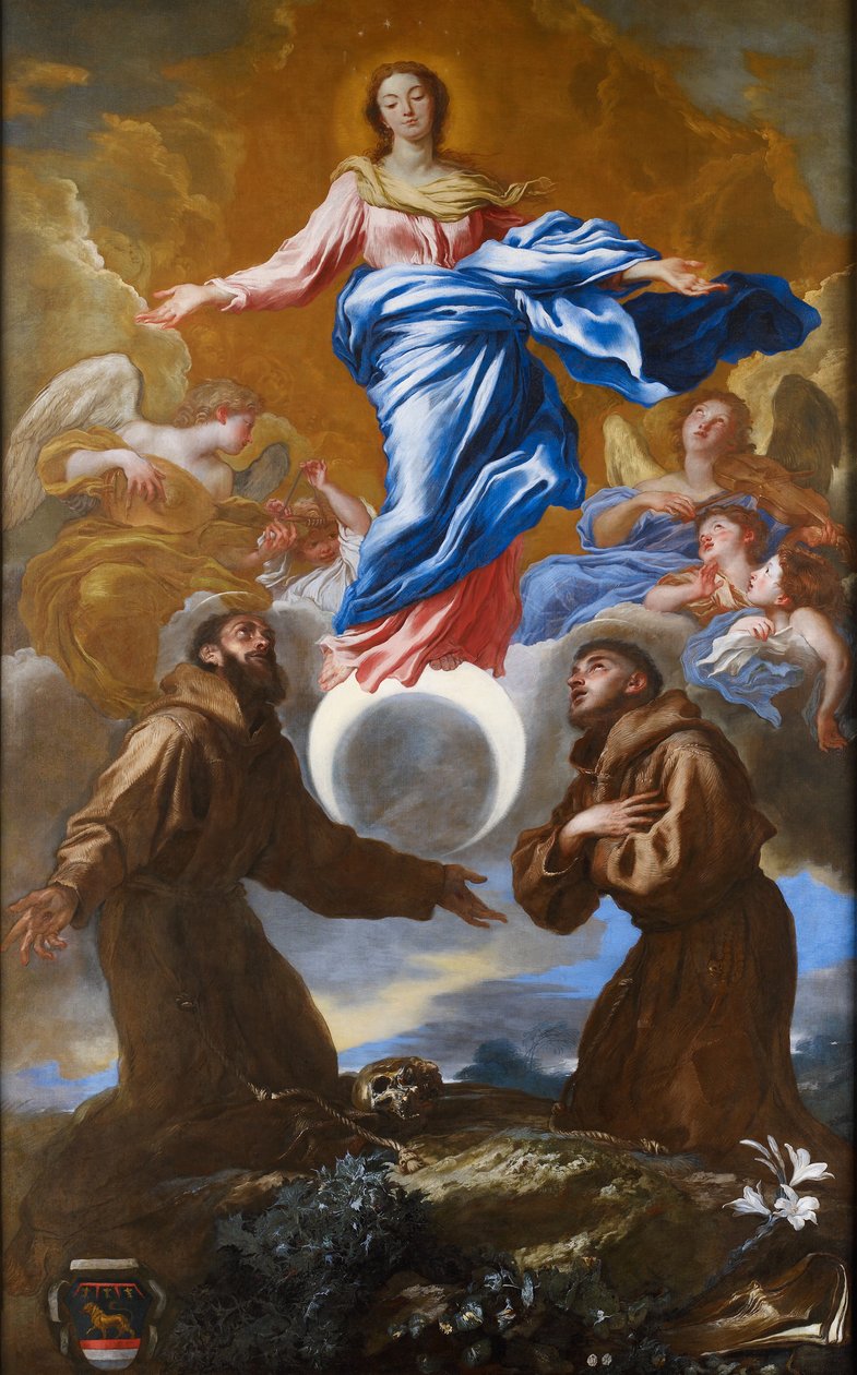 Neposkvrněné početí se svatými Františkem z Assisi a Antonínem Paduánským, 1650 od Giovanni Benedetto Castiglione