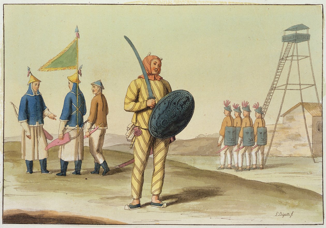 Čínský pěšák, ilustrace z „Le Costume Ancien et Moderne“ od Giulia Ferraria, vydáno kolem 20.–30. od Giovanni Bigatti