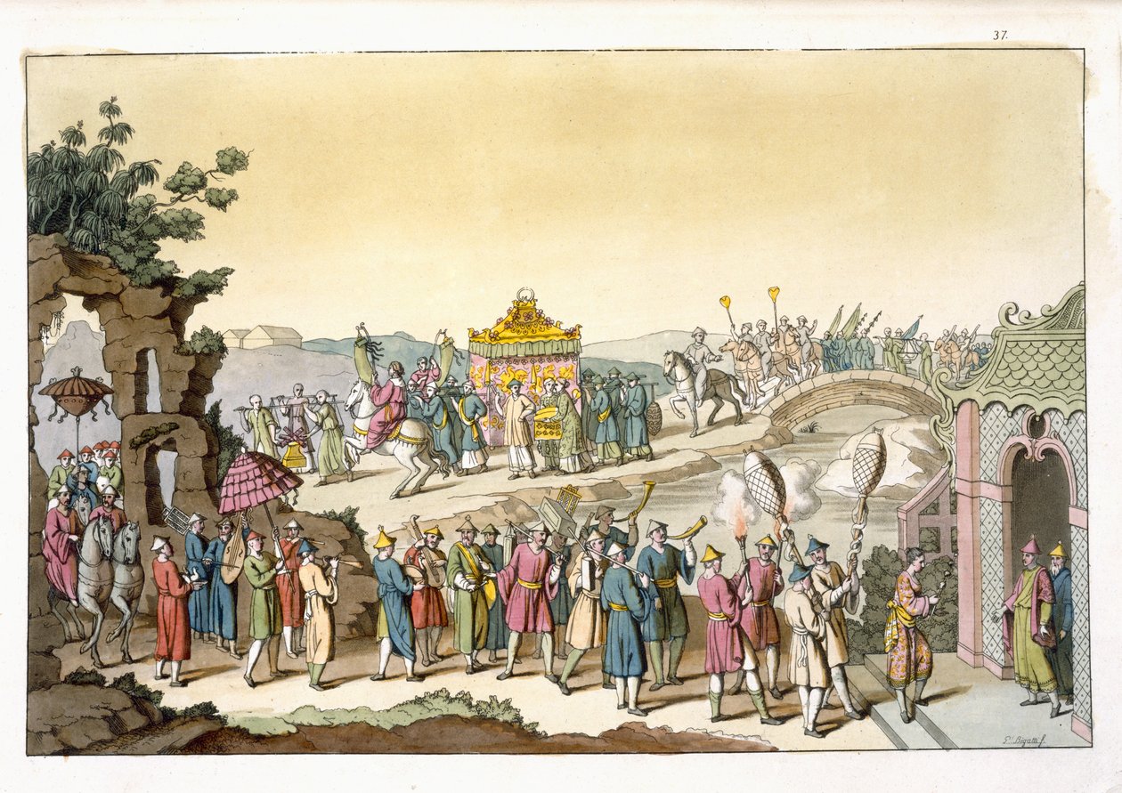 Průvod na tradiční taoistickou svatbu, ilustrace z knihy "Le Costume Ancien et Moderne" od Giulia Ferraria, vydané asi ve 20.-30. letech 19. století. od Giovanni Bigatti