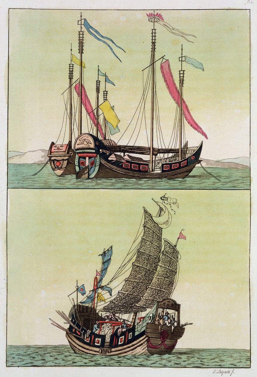 Dva druhy čínského džunku, ilustrace z knihy "Le Costume Ancien et Moderne" od Giulia Ferraria, vydané cca ve 20.-30. letech 19. století. od Giovanni Bigatti