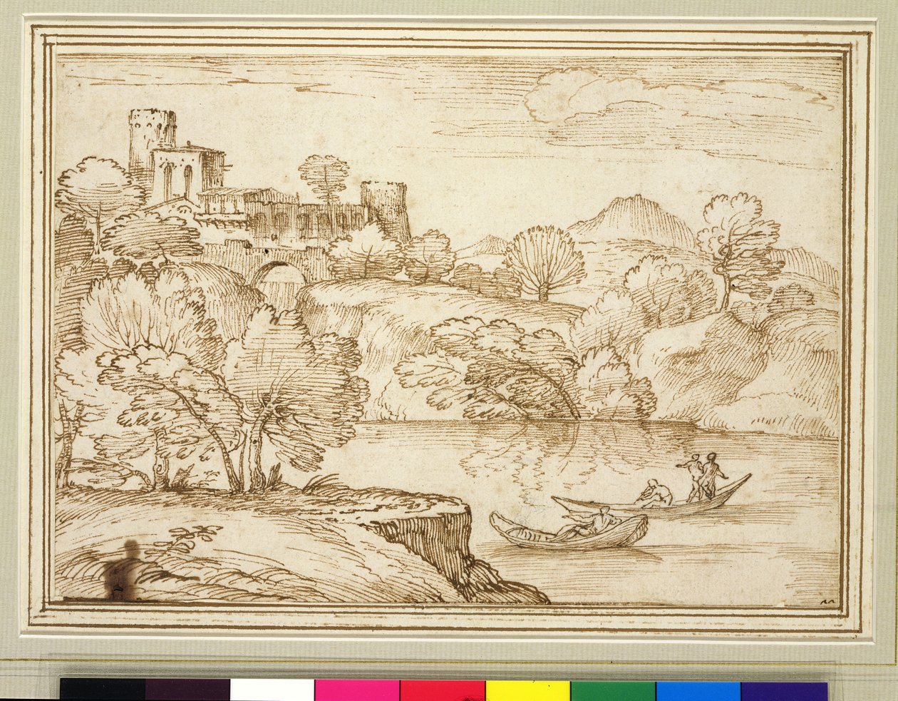 Klasická krajina s loděmi na jezeře pod hradem (černá křída, pero a hnědý inkoust na papíře) od Giovanni F. Grimaldi