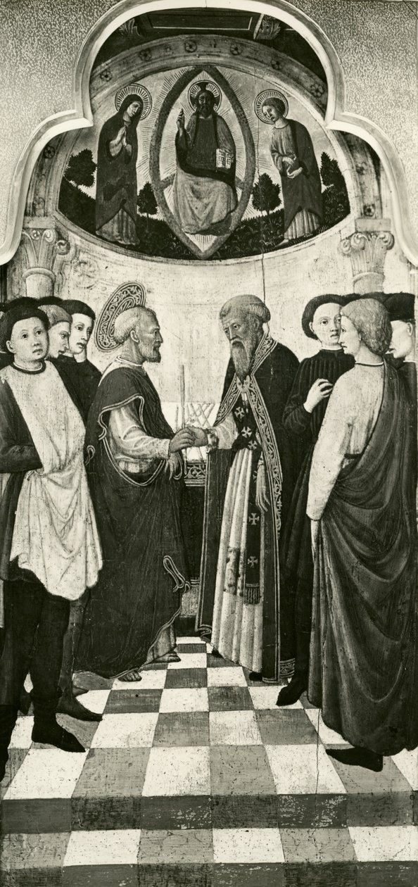 Cyklus života Panny Marie, Zasvěcení Panny Marie v chrámu, c.1445 olej na topolovém panelu čb foto od Giovanni Francesco da Rimini