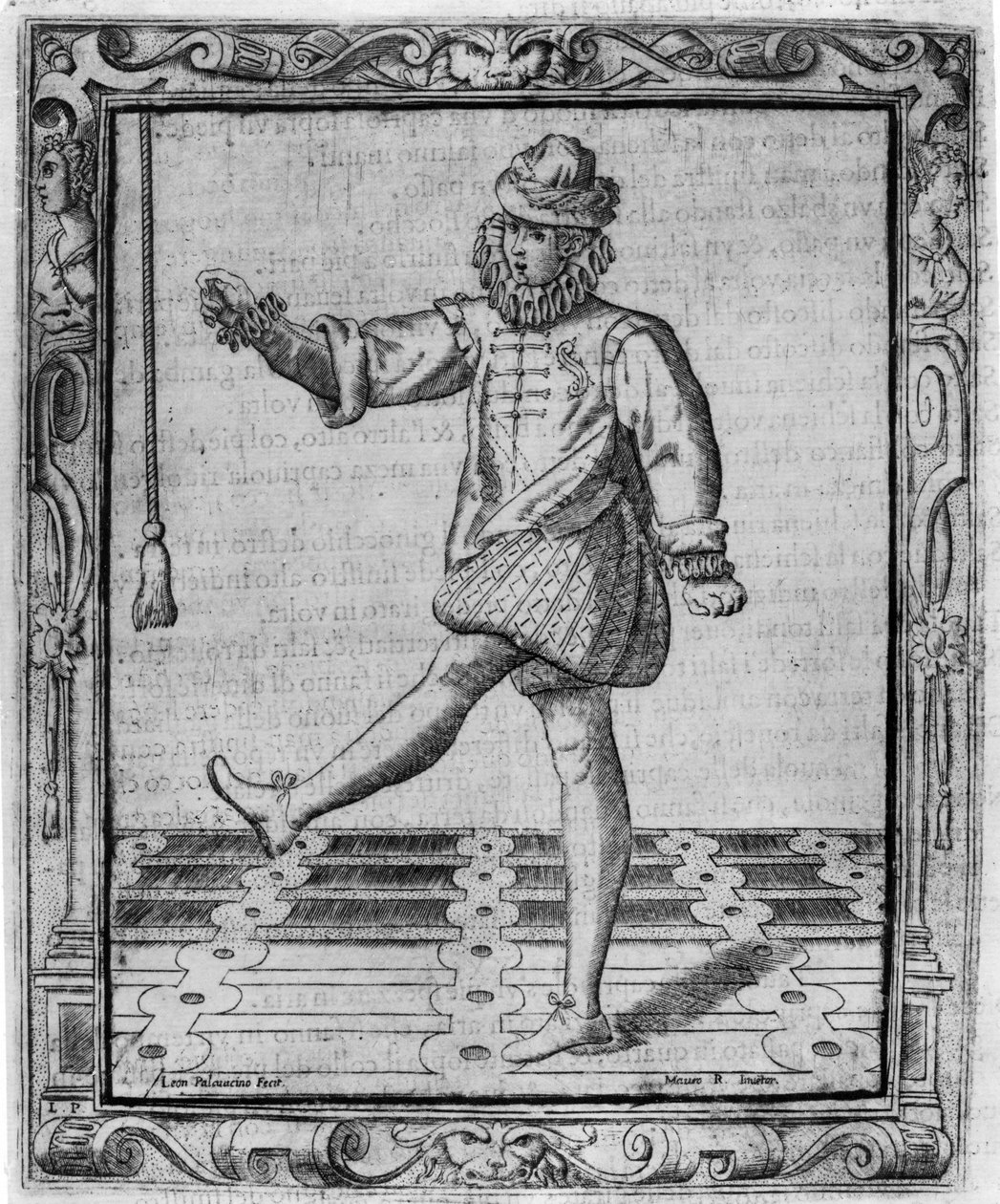 Dvorní tanec, ilustrace z „Nuvone inventori di bali“ od Cesare Negriho, tisk vytvořil Leon Pallavicino, vydáno 1604 od Giovanni Mauro della Rovere