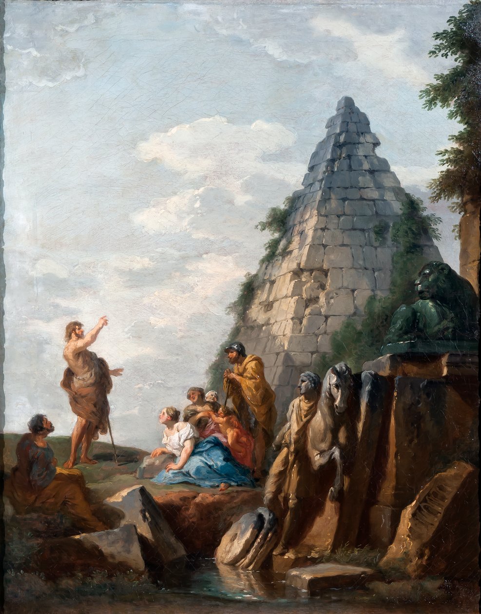 Capriccio s kázáním sv. Jana Křtitele, Cestiova pyramida a další klasické památky, 1745 od Giovanni Paolo Pannini