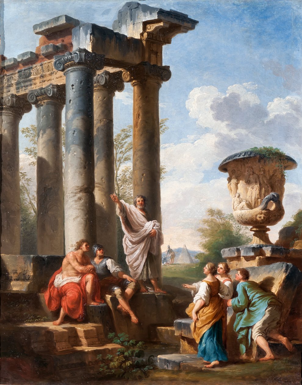 Capriccio s kázáním světce, vázou Medicejských, zříceninou chrámu a Cestiovou pyramidou, kolem roku 1745 od Giovanni Paolo Pannini