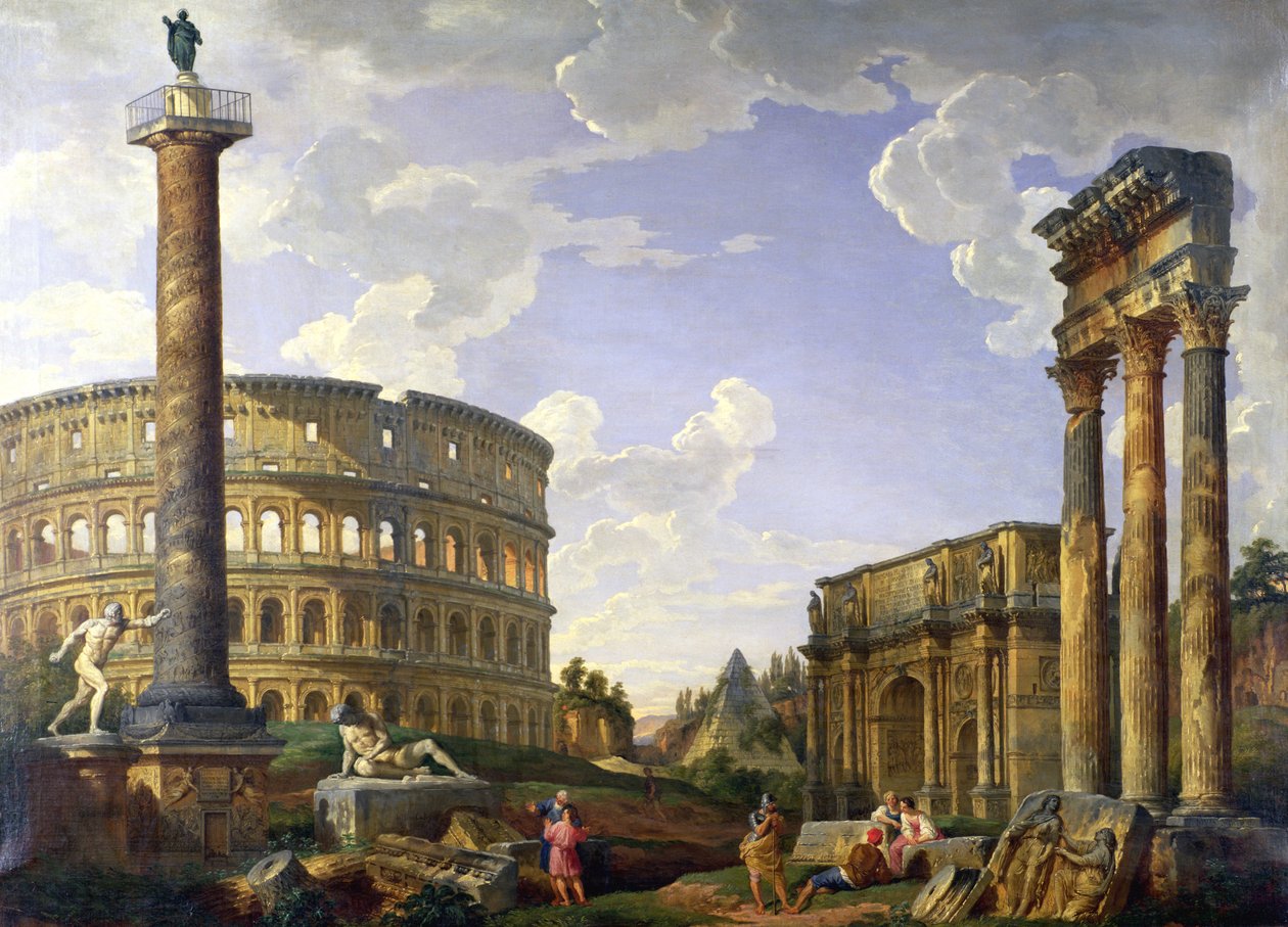 Římské Capriccio ukazuje Koloseum, Borghese Warrior, Trajánův sloup, Umírající Galii, Cestiovu hrobku, Konstantinův oblouk a Chrám Castora a Polluxa od Giovanni Paolo Pannini