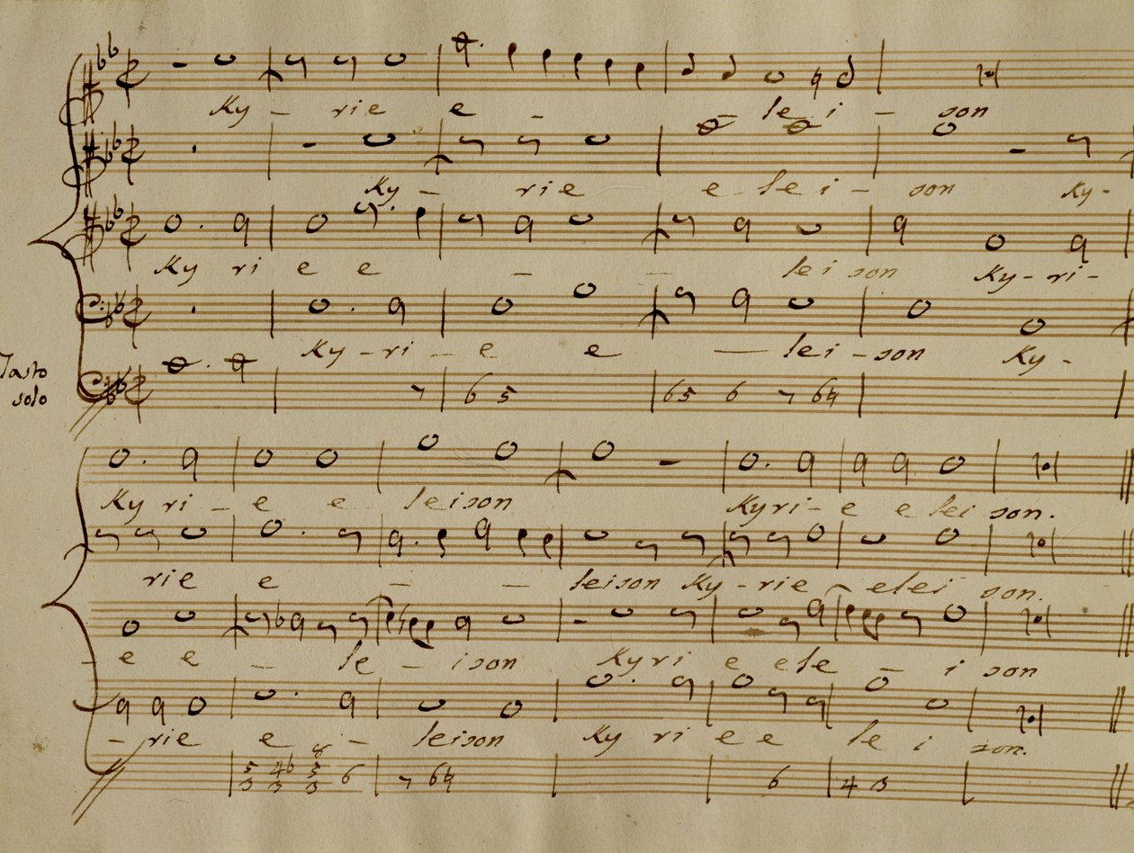 Partitura Kyrie Eleison z „Messa a quattro voci“, kopie z 18. století od Giovanni Pierluigi da Palestrina