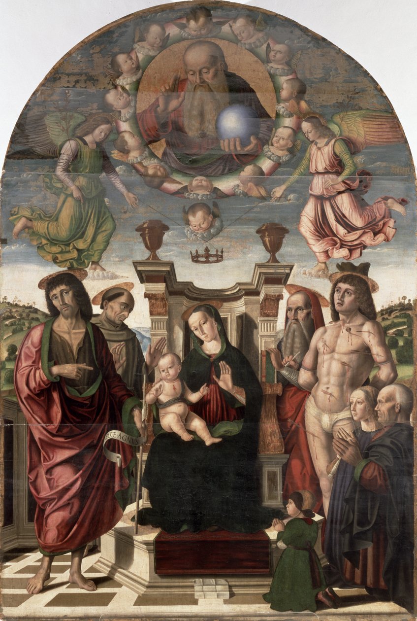 Madona s dítětem na trůnu se svatými od Giovanni Santi or Sanzio