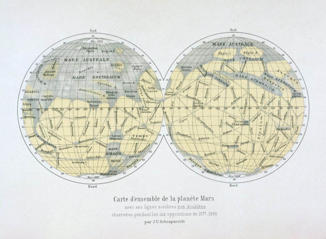 Sestavená mapa planety Mars z pozorování provedených během šesti opozic v letech 1877-88 od Giovanni Schiaparelli