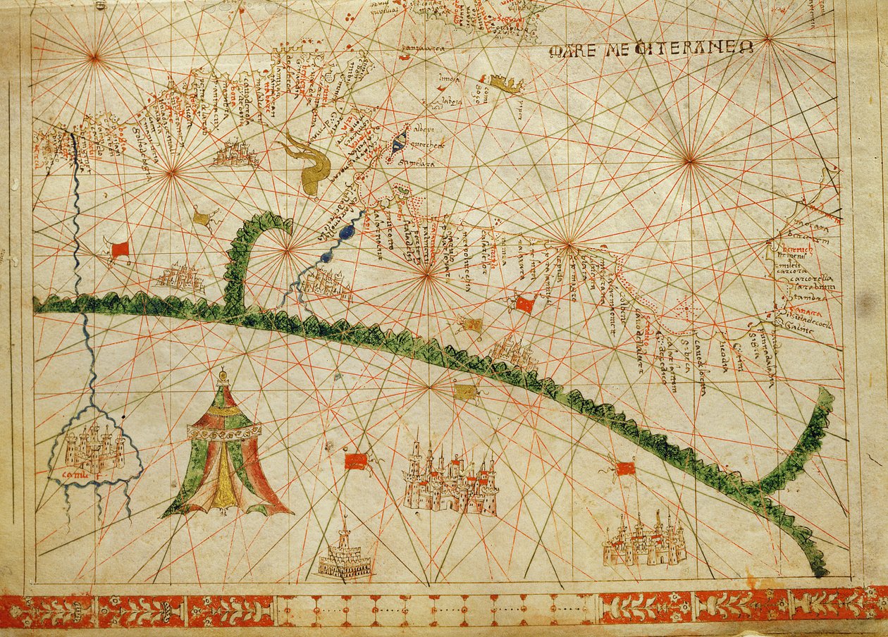 Severní Afrika, z námořního atlasu, 1520 (inkoust na pergamenu) (detail z 330916) od Giovanni Xenodocus da Corfu