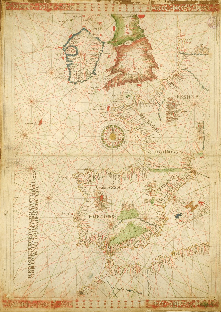 Atlantská pobřeží Evropy a Afriky, z námořního Atlasu, 1520 (inkoust na pergamenu) (viz také 330911-330912) od Giovanni Xenodocus da Corfu