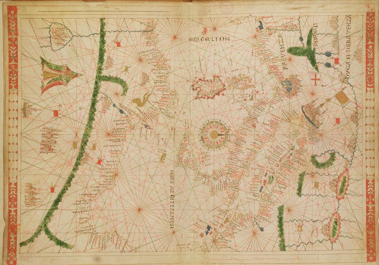 Centrální Středomoří, z námořního atlasu, 1520 (inkoust na pergamenu) (viz také 330916-330918) od Giovanni Xenodocus da Corfu