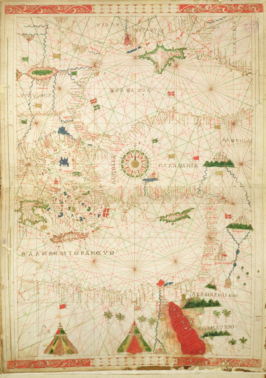 Východní Středomoří, z námořního atlasu, 1520 (inkoust na pergamenu) (viz také 330914) od Giovanni Xenodocus da Corfu