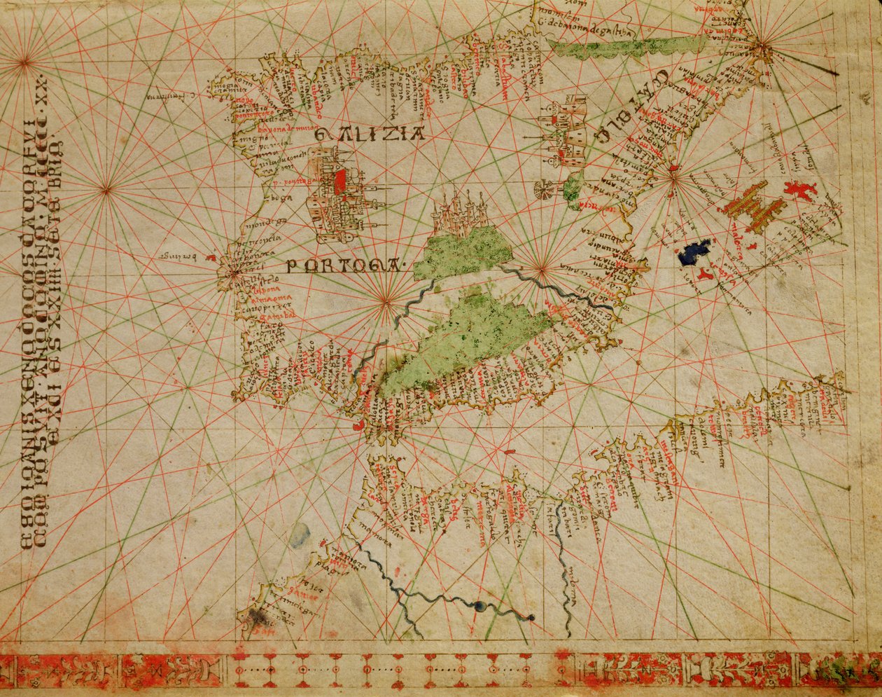 Pyrenejský poloostrov a severní pobřeží Afriky, z námořního atlasu, 1520 (inkoust na pergamenu) (detail z 330910) od Giovanni Xenodocus da Corfu
