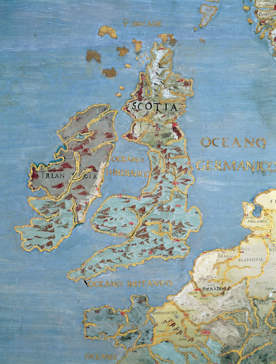 Mapa Británie a severní Francie šestnáctého století z „Sala del Mappamondo“ (Síň map světa) c.1574-75 (detail 95818) od Giovanni de Vecchi