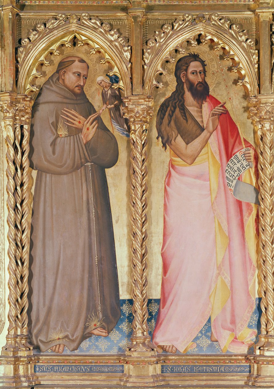 Sv. František z Assisi a sv. Jan Křtitel, detail z Panny s dítětem trůnícím obklopeným svatými (tempera na panelu) (viz také 438870) od Giovanni del Biondo dal Casentino