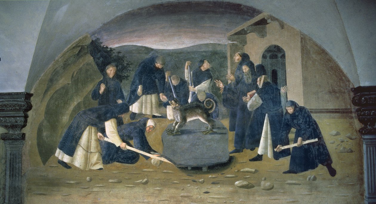 Svatý Benedikt zvedá padlý kámen, detail z cyklu fresek Život sv. Benedikta z Chiostro degli Aranci (Klášter pomerančů) kolem 30. let 14. století od Giovanni di Consalvo