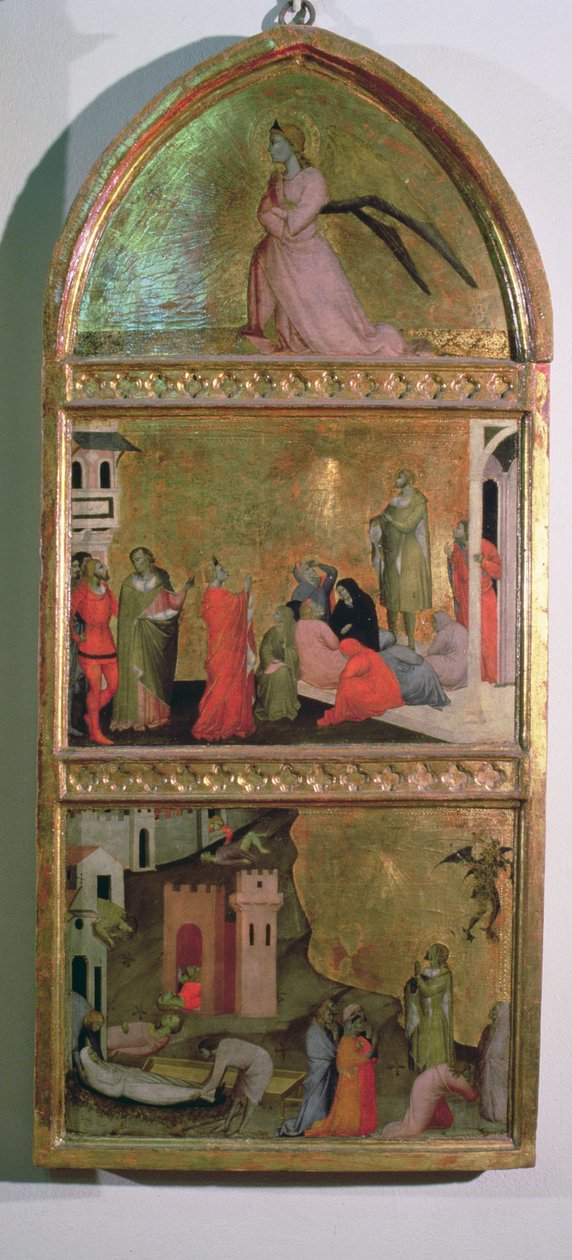 Oltářní obraz Umučení sv. Šebestiána, boční panel zobrazující anděla Gabriela a výjevy ze života svatého tempera na detailu panelu 94767 od Giovanni di Niccolo del Biondo