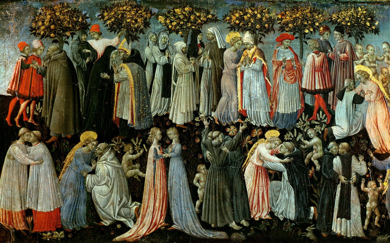 Poslední soud, detail panelu predella zobrazující Ráj, 1460-65 (tempera na panelu) (detail 218797) od Giovanni di Paolo