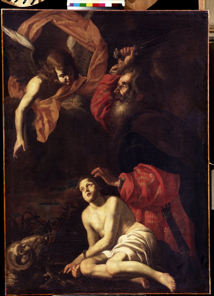 ""Abraham obětuje Izáka"" (Abrahamova oběť Izáka) Anděl drží Abrahamovu ruku před obětí jeho syna Izáka. Vlevo beran, kterého místo něj zabije Abraham. Obraz Giovanni Battista Caracciolo aka Battistello (1578-1635) 161 od Giovanni Battista Caracciolo