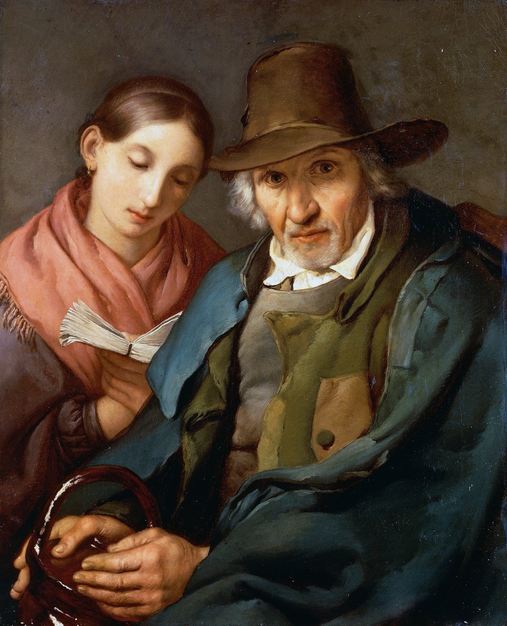 Postava staršího muže sedícího s mladým prostým obyvatelem, který si čte knihu, od Giovanniho Carnovaliho známého jako Piccio (1804-1873), olej na plátně, 72x59 cm od Giovanni Carnovali
