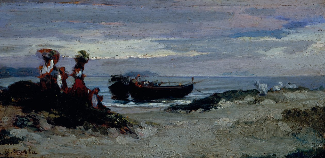 Ženy nakládající dřevo na pláži v Anziu, asi 1852 (olej na desce) od Giovanni (1826 1903) Costa