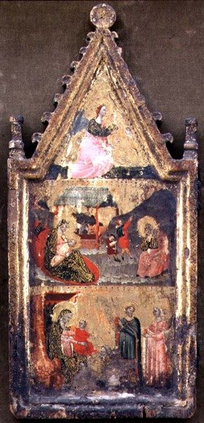 T-B: Anděl Zvěstování; Narození a Zvěstování pastýřům; Klanění mudrců, levé křídlo diptychu (tempera na desce) od Giovanni (attr. to) Baronzio da Rimini
